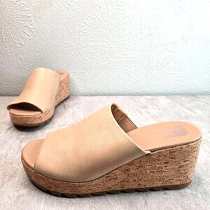 Sorel Chunky Cork Wedge Slides 10.5 Tan Leather Retro Platform Open Toe Sandals